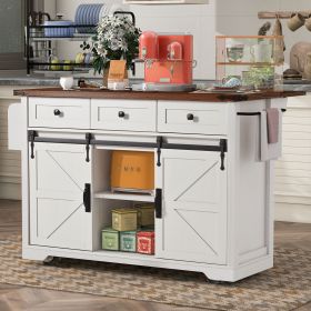 53.7" Farmhouse Kitchen Island with Power Outlet, 2 Sliding Barn Door Kitchen Storage Island with Drop Leaf, Spice Rack Rolling Kitchen Cart on W (Color: White, Material: Particle Board+MDF)
